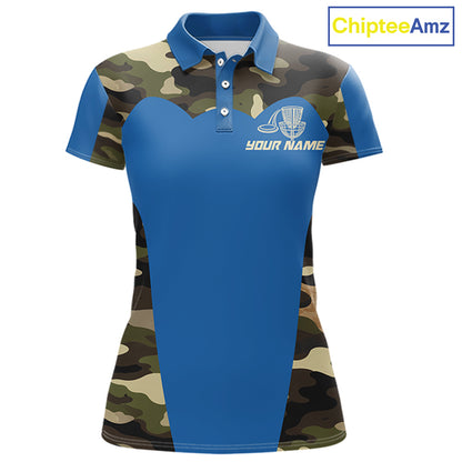 Womens Disc Golf Polo Shirt Custom Name Camo Disc Golf Basket, Personalized Disc Golf Shirts|Blue NBT640
