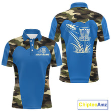 Load image into Gallery viewer, Mens Disc Golf Polo Shirt Custom Name Camo Disc Golf Basket, Personalized Disc Golf Shirts|Blue NBT640