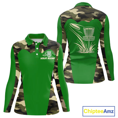 Womens Disc Golf Polo Shirt Custom Name Camo Disc Golf Basket, Personalized Disc Golf Shirts|Green NBT641