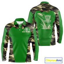 Load image into Gallery viewer, Mens Disc Golf Polo Shirt Custom Name Camo Disc Golf Basket, Personalized Disc Golf Shirts|Green NBT641
