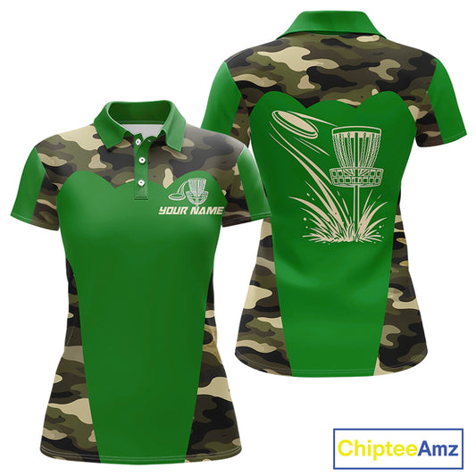 Womens Disc Golf Polo Shirt Custom Name Camo Disc Golf Basket, Personalized Disc Golf Shirts|Green NBT641