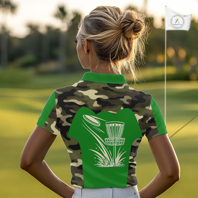 Womens Disc Golf Polo Shirt Custom Name Camo Disc Golf Basket, Personalized Disc Golf Shirts|Green NBT641
