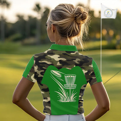 Womens Disc Golf Polo Shirt Custom Name Camo Disc Golf Basket, Personalized Disc Golf Shirts|Green NBT641