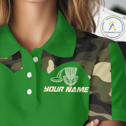 Womens Disc Golf Polo Shirt Custom Name Camo Disc Golf Basket, Personalized Disc Golf Shirts|Green NBT641