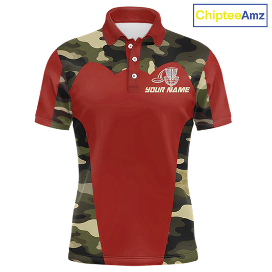 Mens Disc Golf Polo Shirt Custom Name Camo Disc Golf Basket, Personalized Disc Golf Shirts|Red NBT642