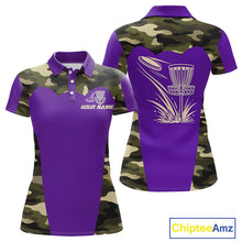 Load image into Gallery viewer, Womens Disc Golf Polo Shirt Custom Name Camo Disc Golf Basket, Personalized Disc Golf Shirts|Purple NBT643