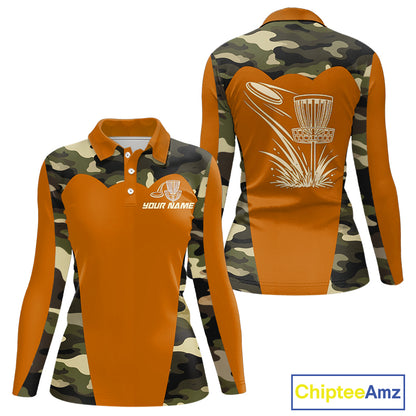 Womens Disc Golf Polo Shirt Custom Name Camo Disc Golf Basket, Personalized Disc Golf Shirts|Orange NBT644