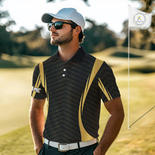 Load image into Gallery viewer, Golfer wearing Custom Skull mens golf polo shirt black gold personalized golf gift for men on the golf course