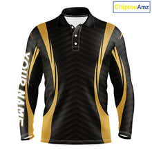 Load image into Gallery viewer, Front view Custom Skull mens long sleeve golf polo shirt black gold design with custom name on sleeve 