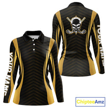 Load image into Gallery viewer, Front and back view Custom Skull mens long sleeve golf polo shirt black gold design with custom name on sleeve