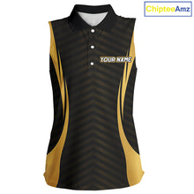 Load image into Gallery viewer, Front view Custom Skull womens sleeveless golf polo shirt black gold design with custom name on sleeve
