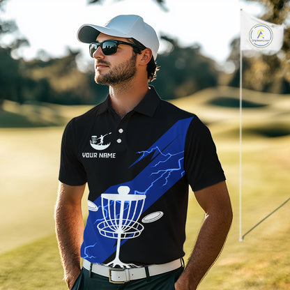 Blue Mens Disc Golf Polo Shirts Custom Thunder Lightning Team Disc Golf Jerseys, Disc Golf Gifts NBT649