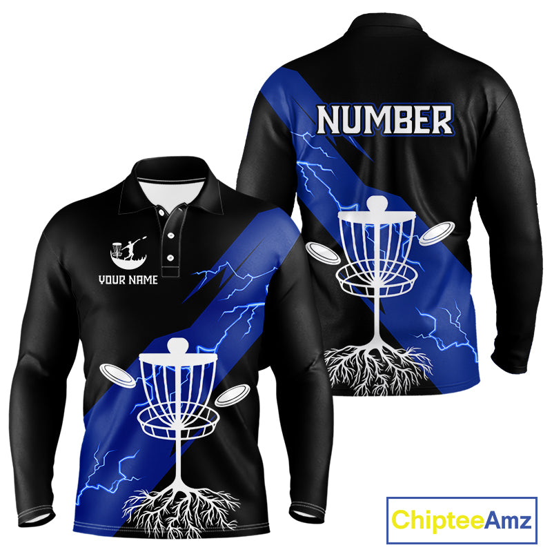 Blue Mens Disc Golf Polo Shirts Custom Thunder Lightning Team Disc Golf Jerseys, Disc Golf Gifts NBT649