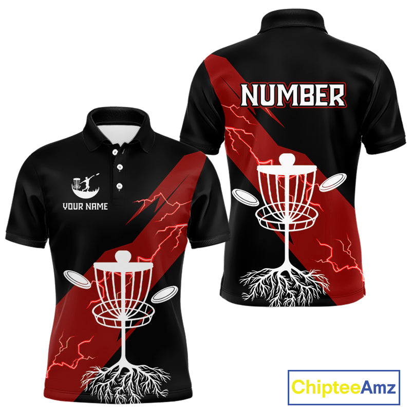 Red Mens Disc Golf Polo Shirts Custom Thunder Lightning Team Disc Golf Jerseys, Disc Golf Gifts NBT650