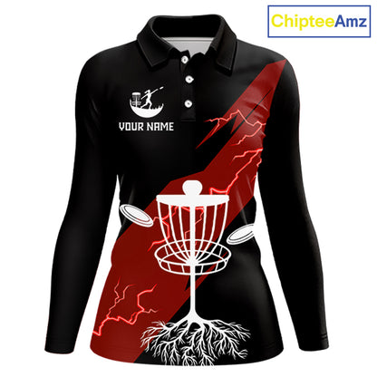 Red Womens Disc Golf Polo Shirts Custom Thunder Lightning Team Disc Golf Jerseys, Disc Golf Gifts NBT650