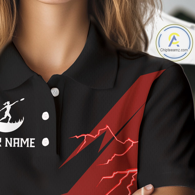 Red Womens Disc Golf Polo Shirts Custom Thunder Lightning Team Disc Golf Jerseys, Disc Golf Gifts NBT650