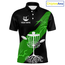 Load image into Gallery viewer, Green Mens Disc Golf Polo Shirts Custom Thunder Lightning Team Disc Golf Jerseys, Disc Golf Gifts NBT651