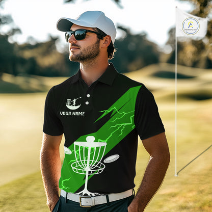 Green Mens Disc Golf Polo Shirts Custom Thunder Lightning Team Disc Golf Jerseys, Disc Golf Gifts NBT651