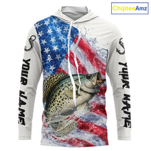 Load image into Gallery viewer, American Flag Patriotic Crappie Fishing Custom Long Sleeve Hooded Shirts, 4th of July Fishing Tournament Shirts NBT525