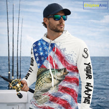 Load image into Gallery viewer, American Flag Patriotic Crappie Fishing Custom Long Sleeve Hooded Shirts, 4th of July Fishing Tournament Shirts NBT525