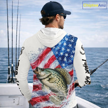 Load image into Gallery viewer, American Flag Patriotic Crappie Fishing Custom Long Sleeve Hooded Shirts, 4th of July Fishing Tournament Shirts NBT525