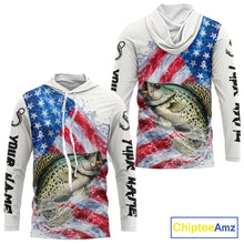 Load image into Gallery viewer, American Flag Patriotic Crappie Fishing Custom Long Sleeve Hooded Shirts, 4th of July Fishing Tournament Shirts NBT525