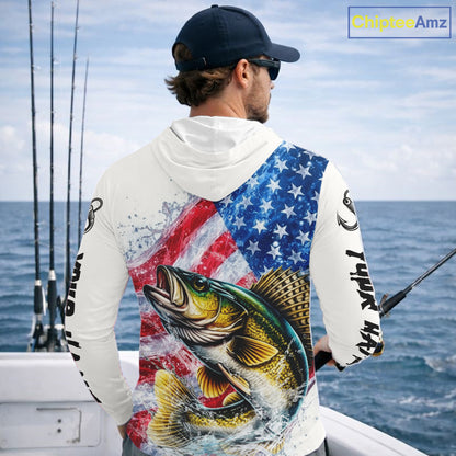 American Flag Patriotic Walleye Fishing Custom Long Sleeve Hooded Shirts, 4th of July Fishing Tournament Shirts NBT527