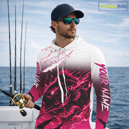 Largemouth Bass Long Sleeve Hooded Fishing Shirts Pink Angry Fish, Bass Fishing Shirts NBT387
