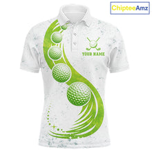 Load image into Gallery viewer, Mens Golf Polo Shirt Green Golf Ball Pattern Custom Name White Golf Shirts, Golf Gifts For Men NBT536