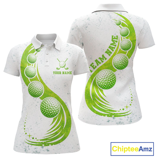 Womens Golf Polo Shirt Green Golf Ball Pattern Custom Name White Golf Shirts, Golf Gifts For Women NBT536
