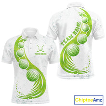 Load image into Gallery viewer, Mens Golf Polo Shirt Green Golf Ball Pattern Custom Name White Golf Shirts, Golf Gifts For Men NBT536