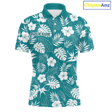Load image into Gallery viewer, Teal polo shirt with white floral and leaf pattern on a white background