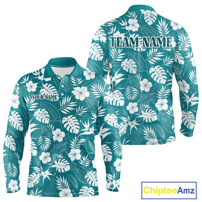 Teal and white floral patterned shirt with customizable text on a white background