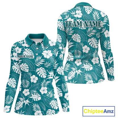 Teal long sleeve golf shirt with white floral and leaf pattern, customizable text