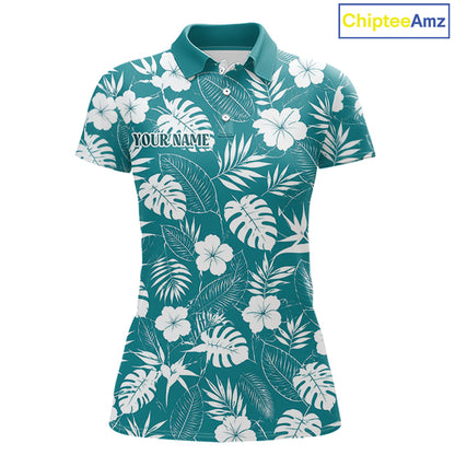 Teal golf polo shirt with white floral tropical pattern on a white background