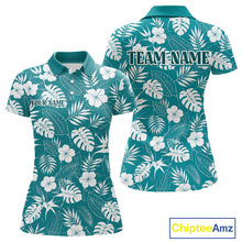Load image into Gallery viewer, Teal golf polo shirt with white floral and leaf pattern, customizable with 'Your Name' and 'Team Name'.