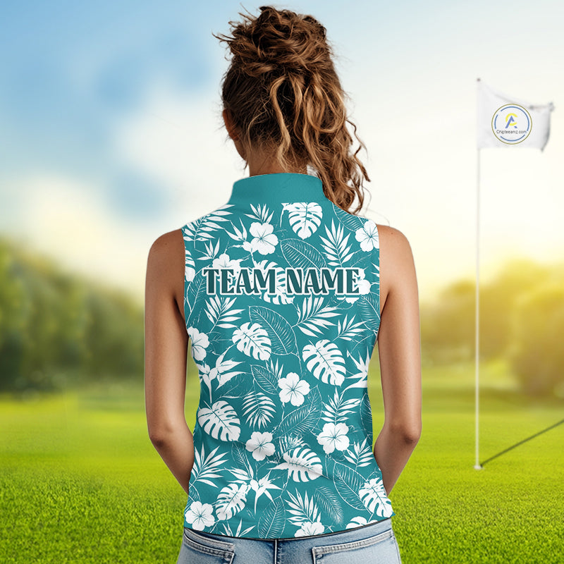 Woman wearing a teal sleeveless shirt with white floral pattern and 'TEAM NAME' text on a golf course.