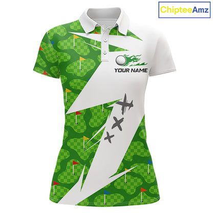 Green And White Golf Pattern Polo Golf Shirt For Women Custom Ladies Golf Clothes, Golf Gifts NBT677
