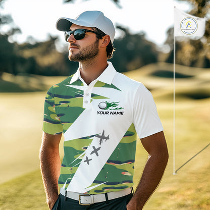 Green And White Retro Golf Pattern Polo Golf Shirt For Men Custom Mens Golf Clothes, Golf Gifts NBT678