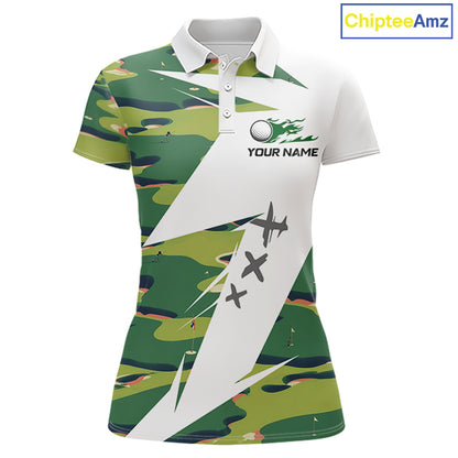 Green And White Retro Golf Pattern Polo Golf Shirt For Women Custom Ladies Golf Clothes, Golf Gifts NBT678