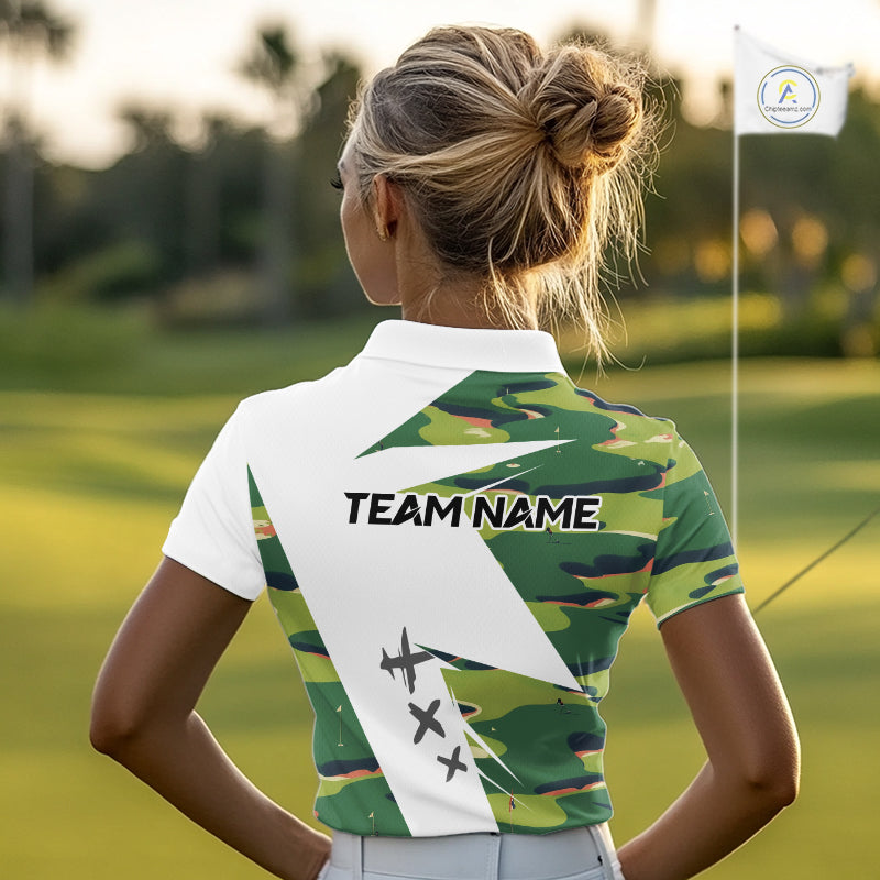 Green And White Retro Golf Pattern Polo Golf Shirt For Women Custom Ladies Golf Clothes, Golf Gifts NBT678