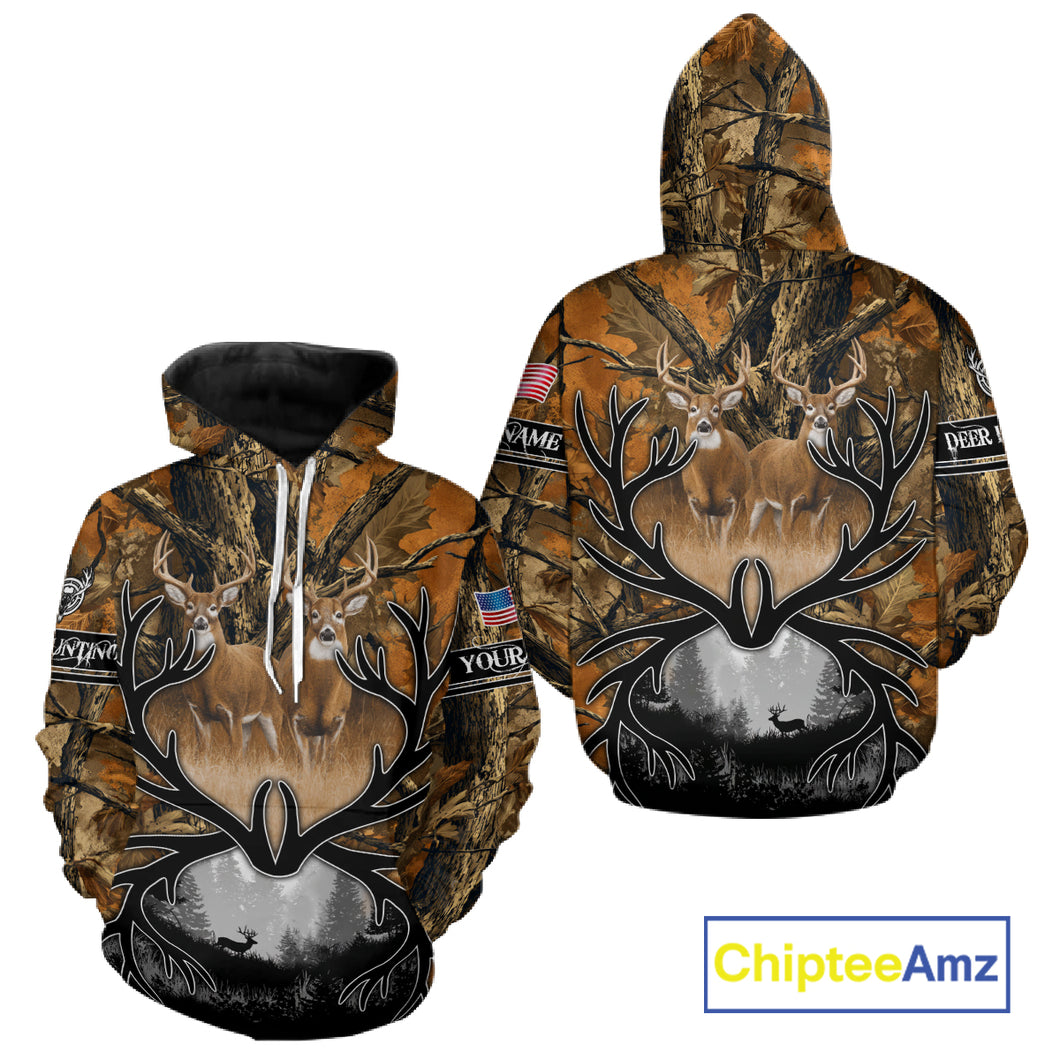 Whitetail Deer Hunting Camouflage Shirts with US Flag, Custom Hunting Shirt for Hunters NBT164