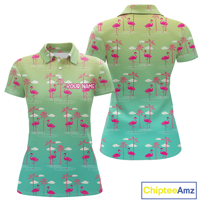 Pink Flamingo Palm Tree Womens Golf Polo Shirt, Tropical Golf Shirt, Cute Flamingo Print Summer Polo NBT538