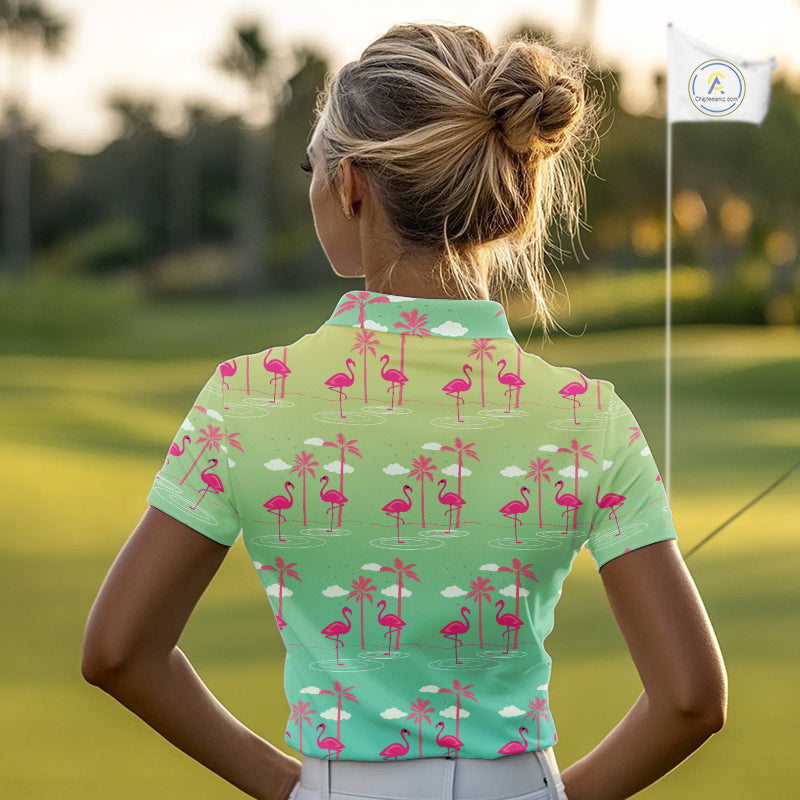 Pink Flamingo Palm Tree Womens Golf Polo Shirt, Tropical Golf Shirt, Cute Flamingo Print Summer Polo NBT538