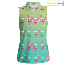 Load image into Gallery viewer, Pink Flamingo Palm Tree Womens Sleeveless Golf Polo Shirt, Tropical Golf Shirt, Cute Flamingo Print Summer Polo NBT538