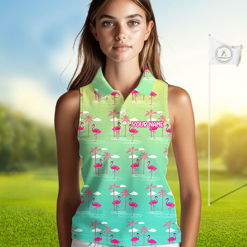 Pink Flamingo Palm Tree Womens Sleeveless Golf Polo Shirt, Tropical Golf Shirt, Cute Flamingo Print Summer Polo NBT538