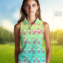 Load image into Gallery viewer, Pink Flamingo Palm Tree Womens Sleeveless Golf Polo Shirt, Tropical Golf Shirt, Cute Flamingo Print Summer Polo NBT538