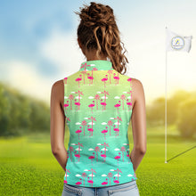 Load image into Gallery viewer, Pink Flamingo Palm Tree Womens Sleeveless Golf Polo Shirt, Tropical Golf Shirt, Cute Flamingo Print Summer Polo NBT538