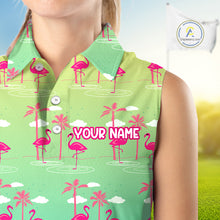 Load image into Gallery viewer, Pink Flamingo Palm Tree Womens Sleeveless Golf Polo Shirt, Tropical Golf Shirt, Cute Flamingo Print Summer Polo NBT538
