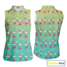 Load image into Gallery viewer, Pink Flamingo Palm Tree Womens Sleeveless Golf Polo Shirt, Tropical Golf Shirt, Cute Flamingo Print Summer Polo NBT538